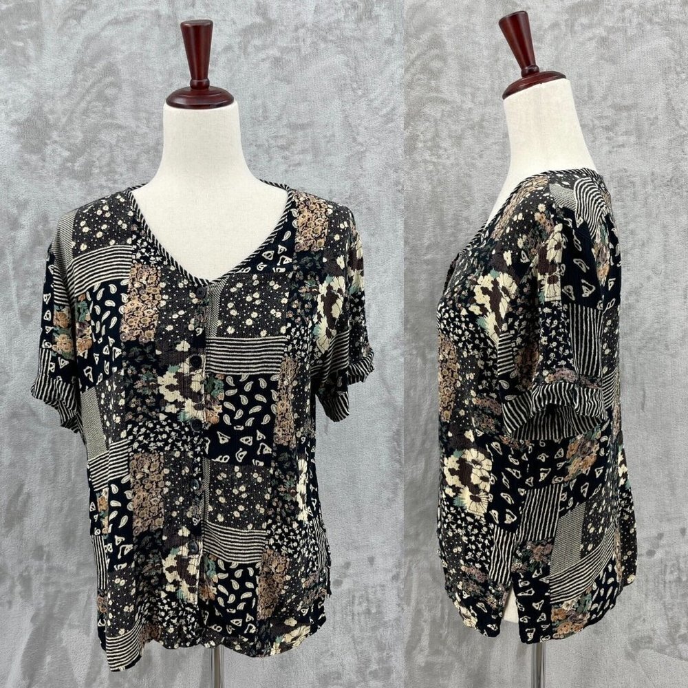 Vintage 90s Floral Patchwork Print Boho Short Sleeve Crinkle Blouse Top